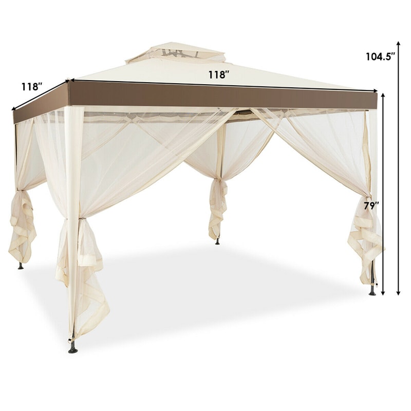 10 x 10 FT Patio Steel Gazebo with Netting, Vented Outdoor Canopy Gazebo Tent for House Party