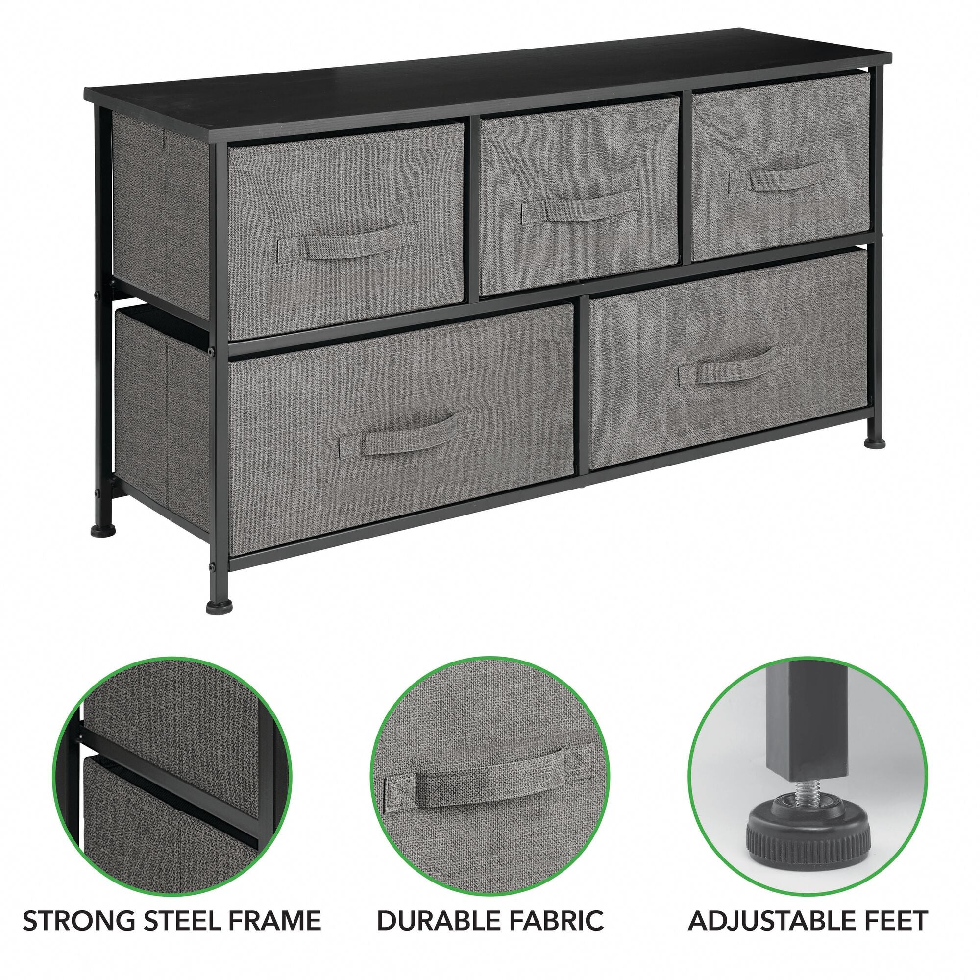 mDesign Wide Steel Frame/Wood Top Storage Dresser Furniture Unit with 5 Removable Fabric Drawers, Large Bureau Organizer for Bedroom, Living Room, Closet - Lido Collection, Charcoal Gray