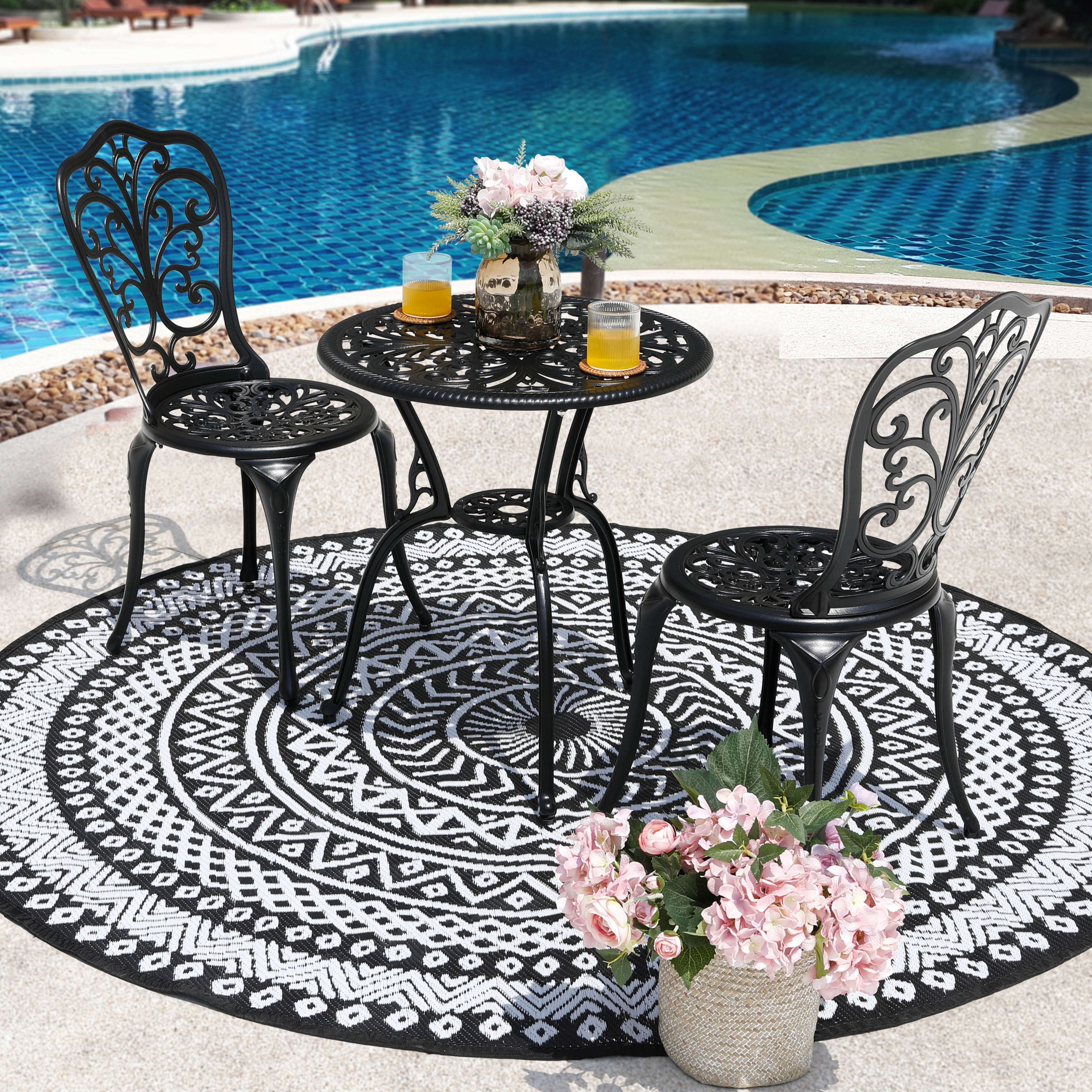 Nuu Garden Outdoor 3-Piece Cast Aluminum Patio Set with Umbrella Hole， Patio， Garden， Backyard and Balcony， Black with Gold Points