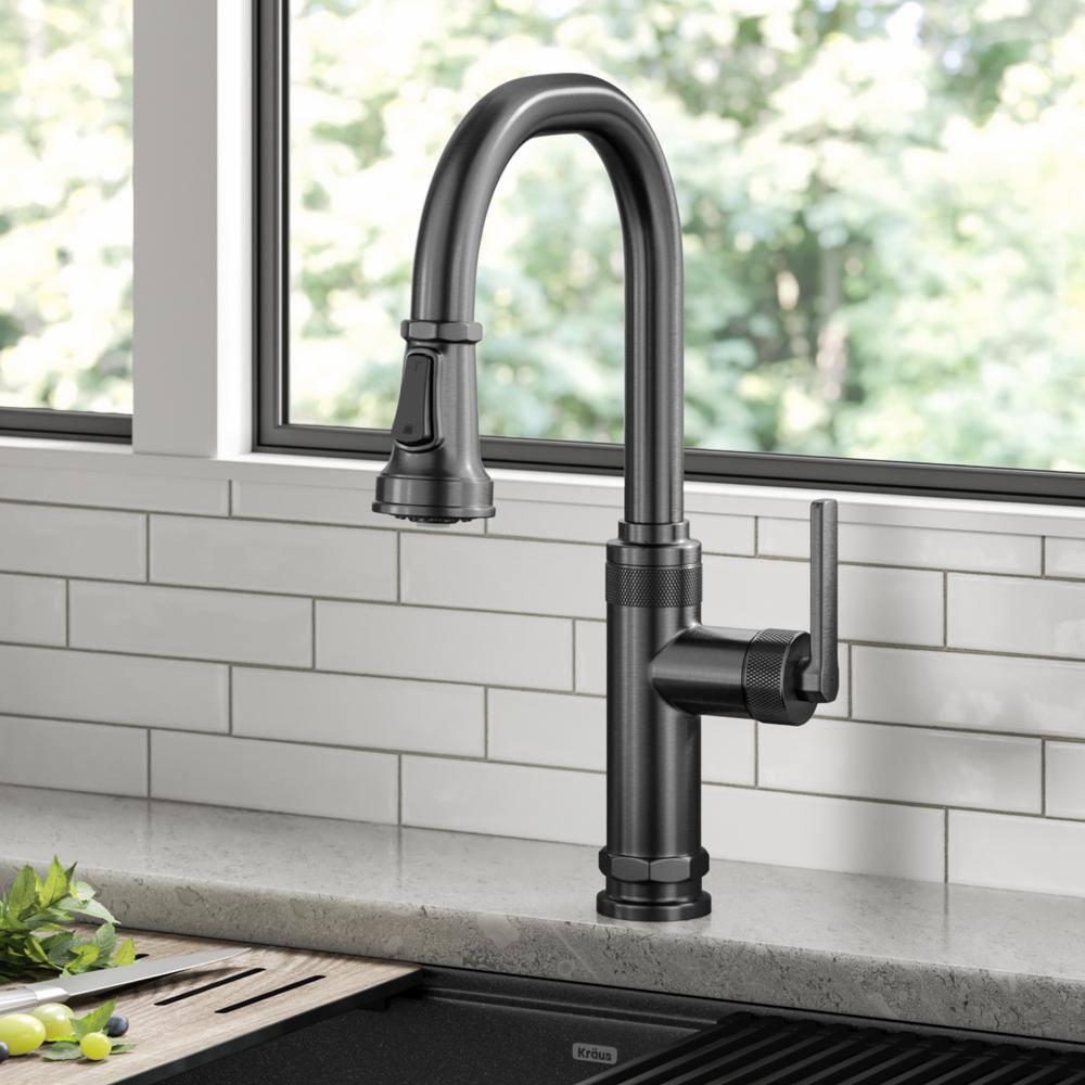 KRAUS Allyn Industrial Pull-Down Single Handle Kitchen Faucet in Spot-Free Black Stainless Steel KPF-4102SFSB