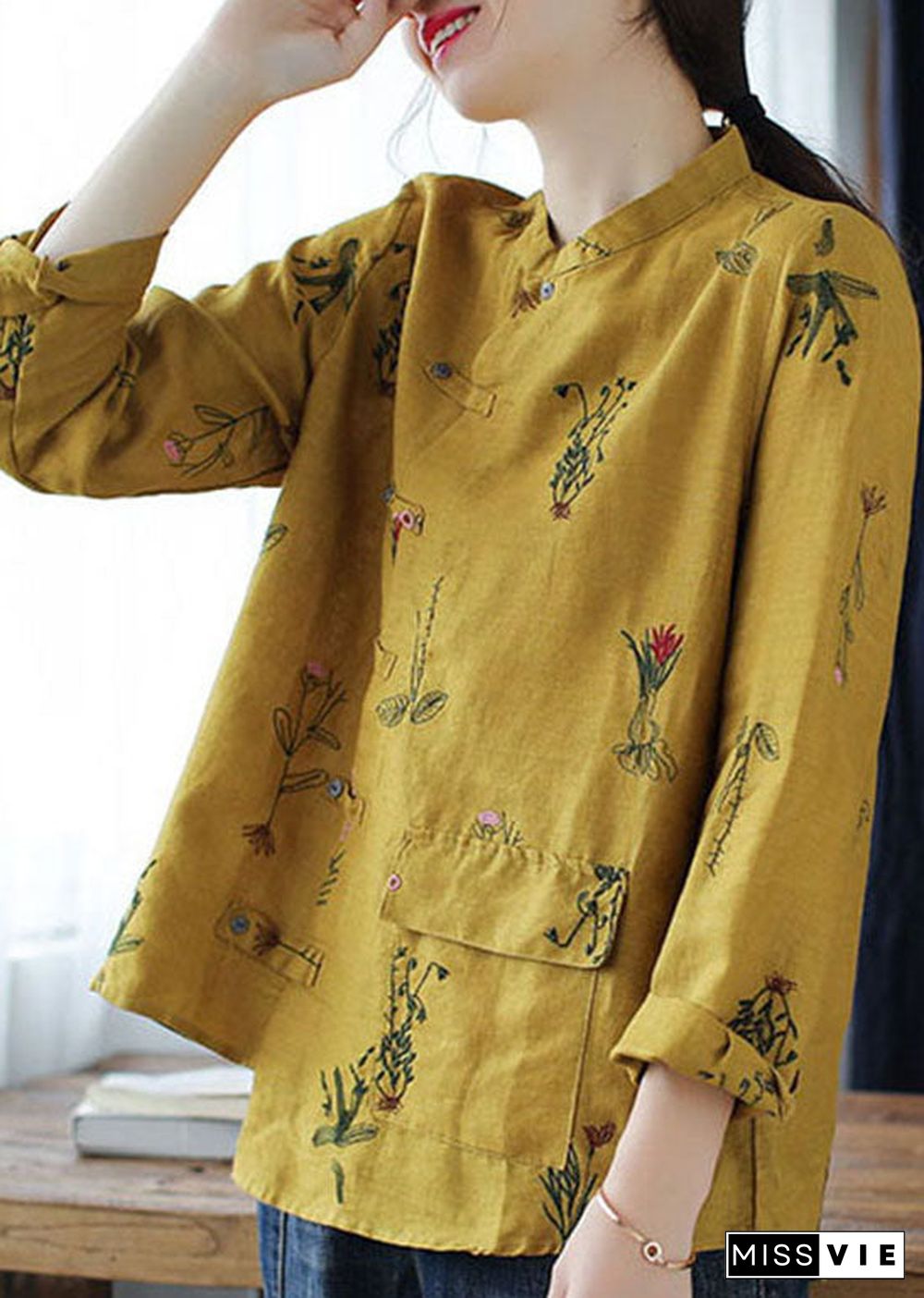 Vintage Yellow asymmetrical design Button Linen Blouses top Long Sleeve