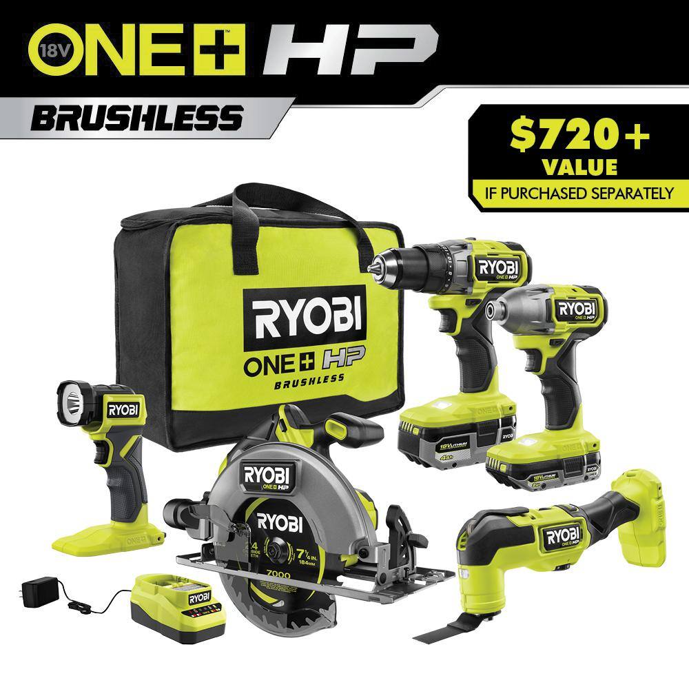 RYOBI ONE+ HP 18V Brushless Cordless 5-Tool Combo Kit with 4.0 Ah and 2.0 Ah HIGH PERFORMANCE Batteries Charger and Bag PBLCK105K2