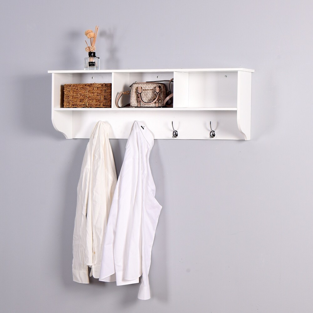 Wall Mounted Coat Rack W/ 4 Dual Hooks  Wood Storage Shelf Small Space