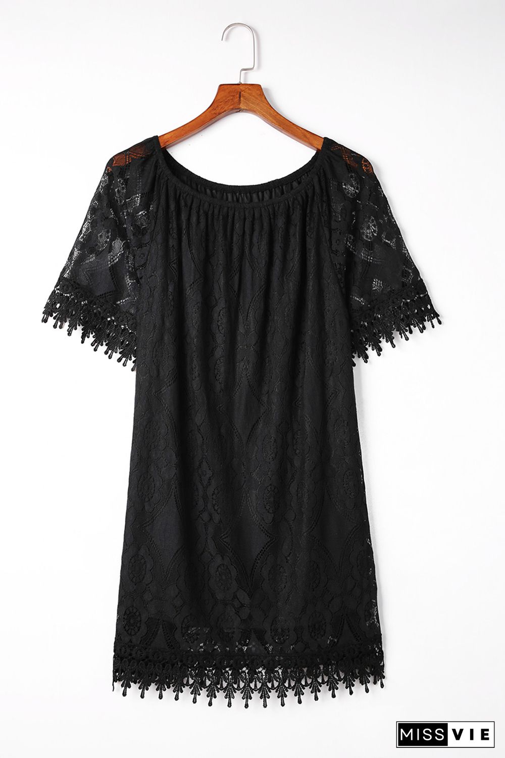 Black Round Neck Short Sleeve Loose Lace Dress