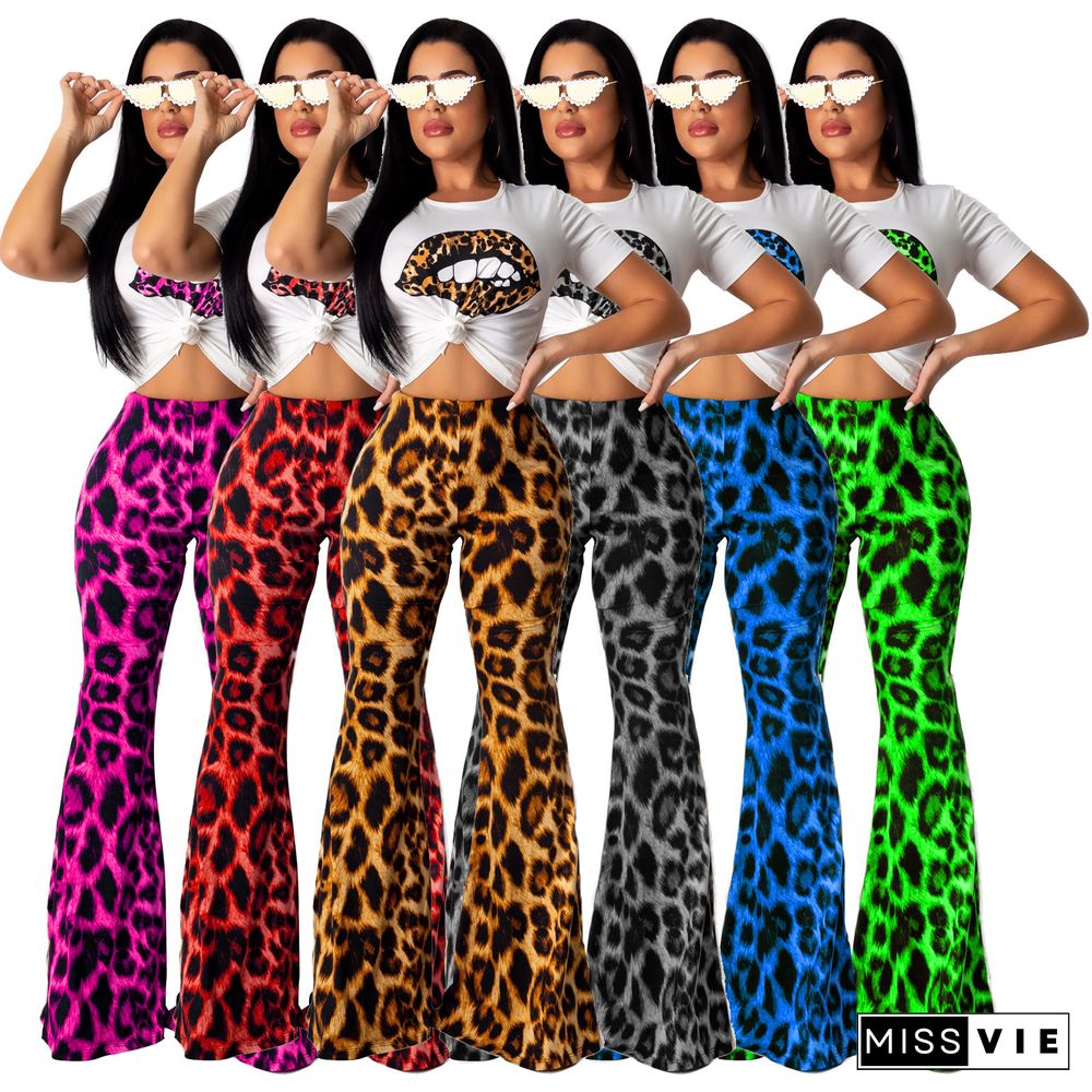 Women Casual Lip Print O-Neck Short Sleeve T-shirts High Waist Leopard Flared Long Pants 2 Piece Set