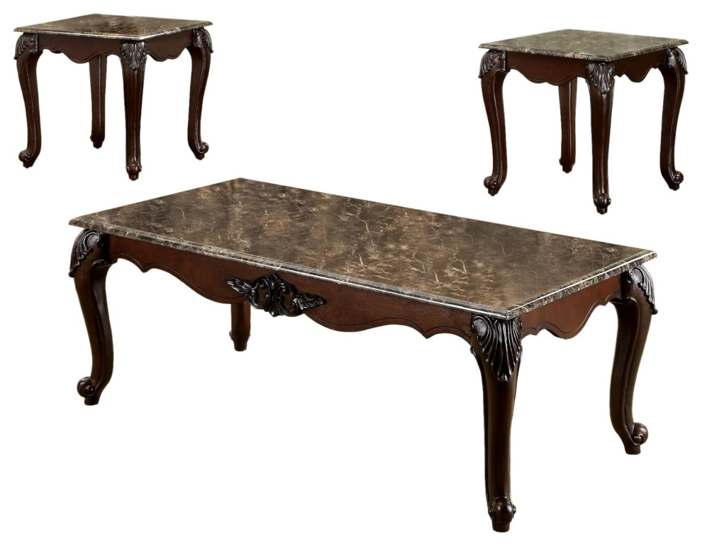 3 Pieces Coffee Table Set  Elegant Cabriole Legs  ampFaux Marble Top  Dark Cherry   Victorian   Coffee Table Sets   by Decor Love  Houzz