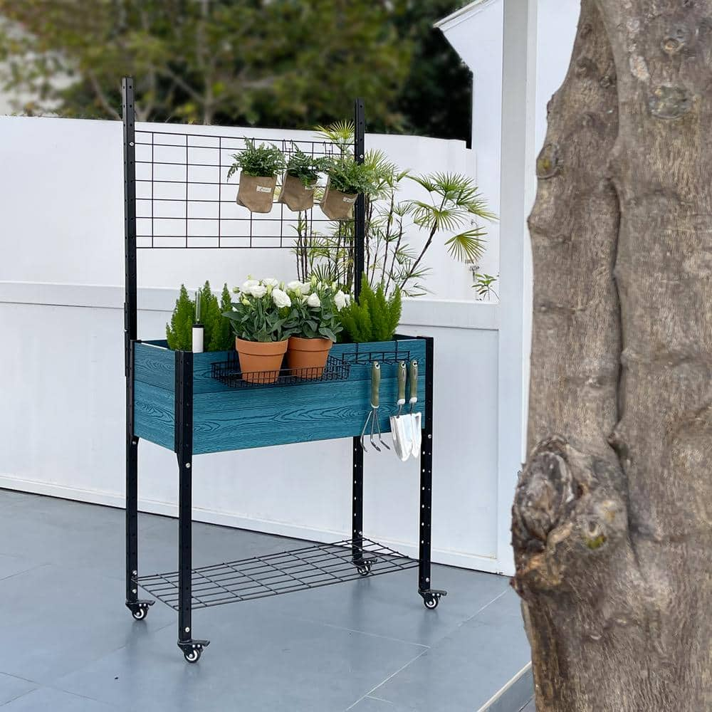 EverBloom Self-Watering 18 in. D x 69 in. H x 36 in. W Blue Composite Mobile Elevated Planter with Trellis and Basket and Hook Set K2303