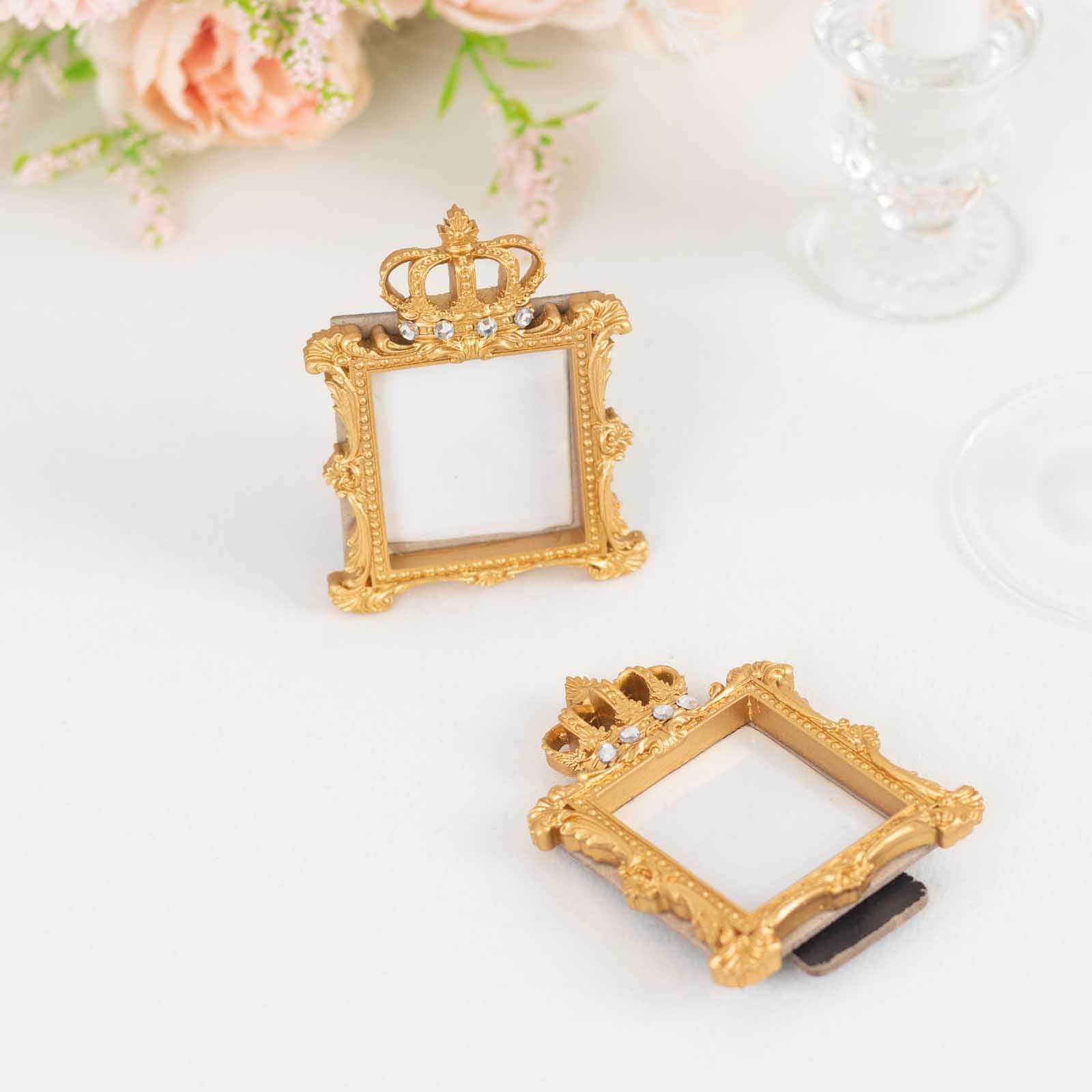 4 Pack Gold Resin Royal Crown Square Party Favors Picture Frame, Baroque Wedding Place Card Holders - 3.5