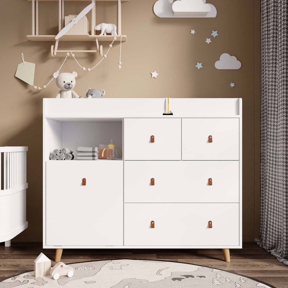 Wood Nursery Baby Dresser White Bedroom Dresser with 5 Drawers 38\