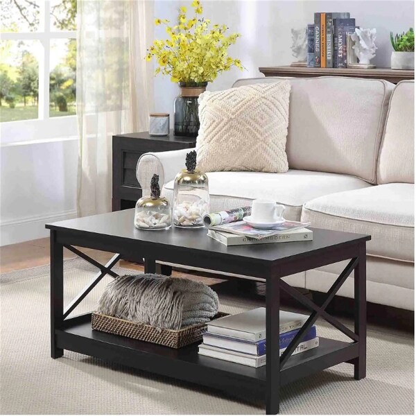 Coffee Table 39.56 in. L， X leg End Table with Bottom Shelf， Black