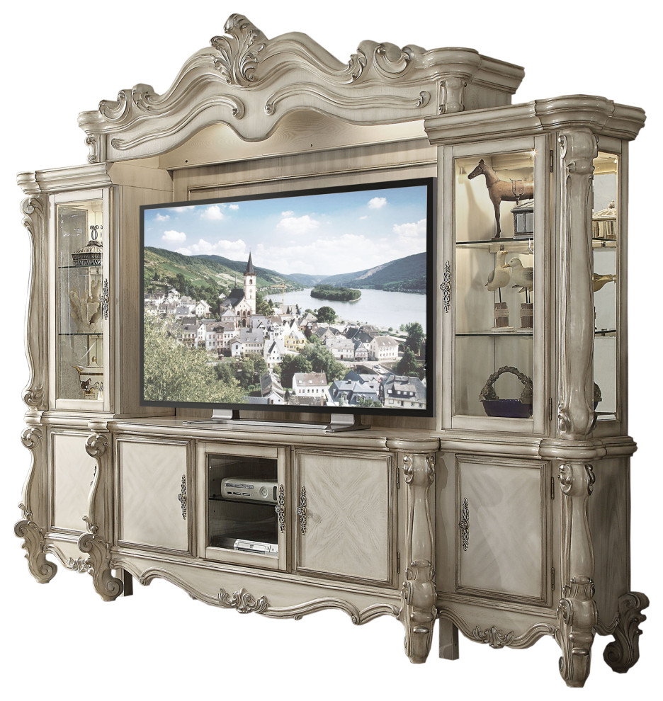 Wood And Glass Entertainment Center With Scrollwork Details  White   Victorian   Entertainment Centers And Tv Stands   by VirVentures  Houzz