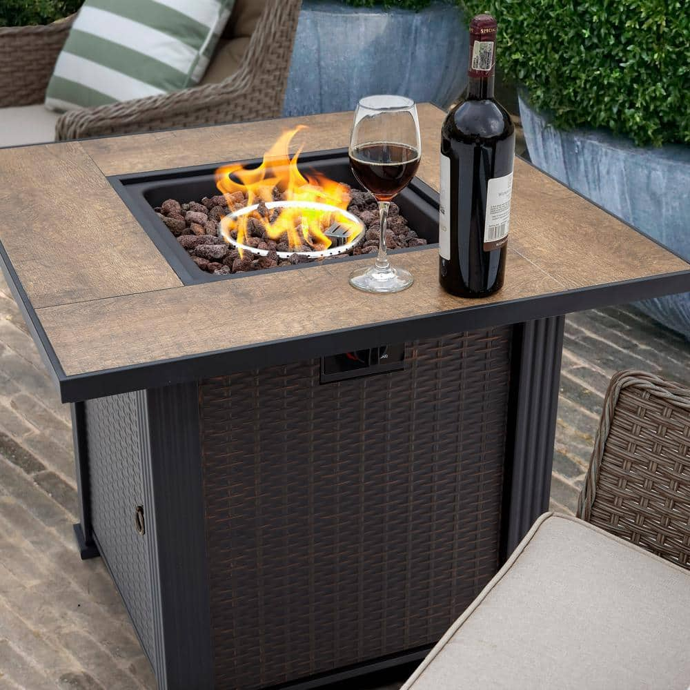 Nuu Garden 40000 BTU 30 in x 24 in Square Wickerlike Iron Propane Gas Fire Pit Table with Cover Ceramic Top and Lava Rocks