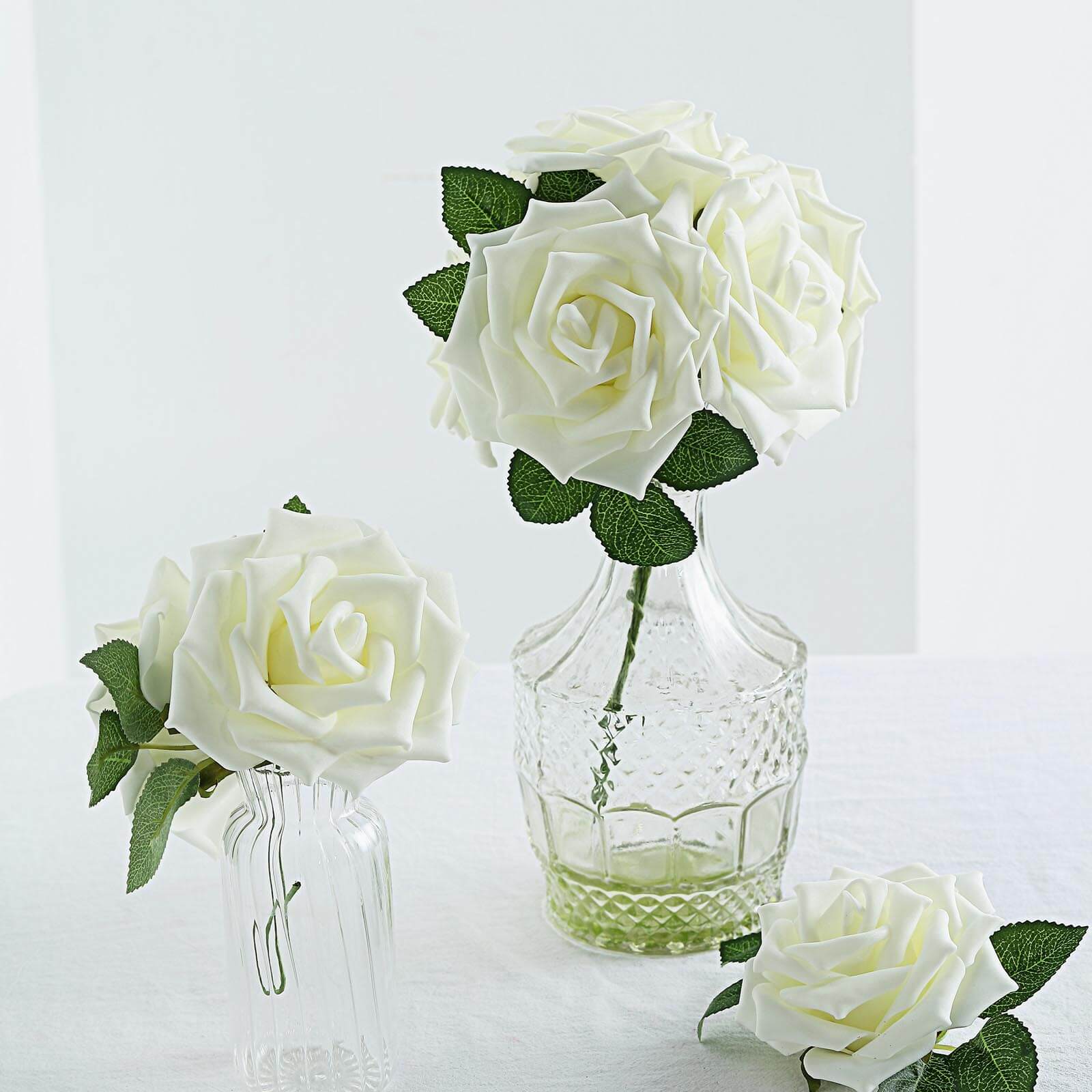 24 Roses Ivory Artificial Foam Flowers With Stem Wire and Leaves 5