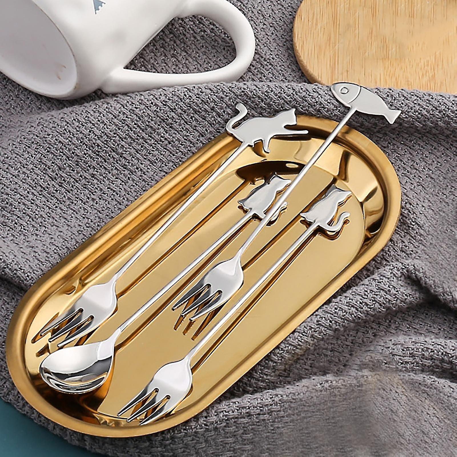 Stainless Steel Long Handle Coffee Stirring Spoon Cake Fork Cutlery Supplies 10 Pieces Silver