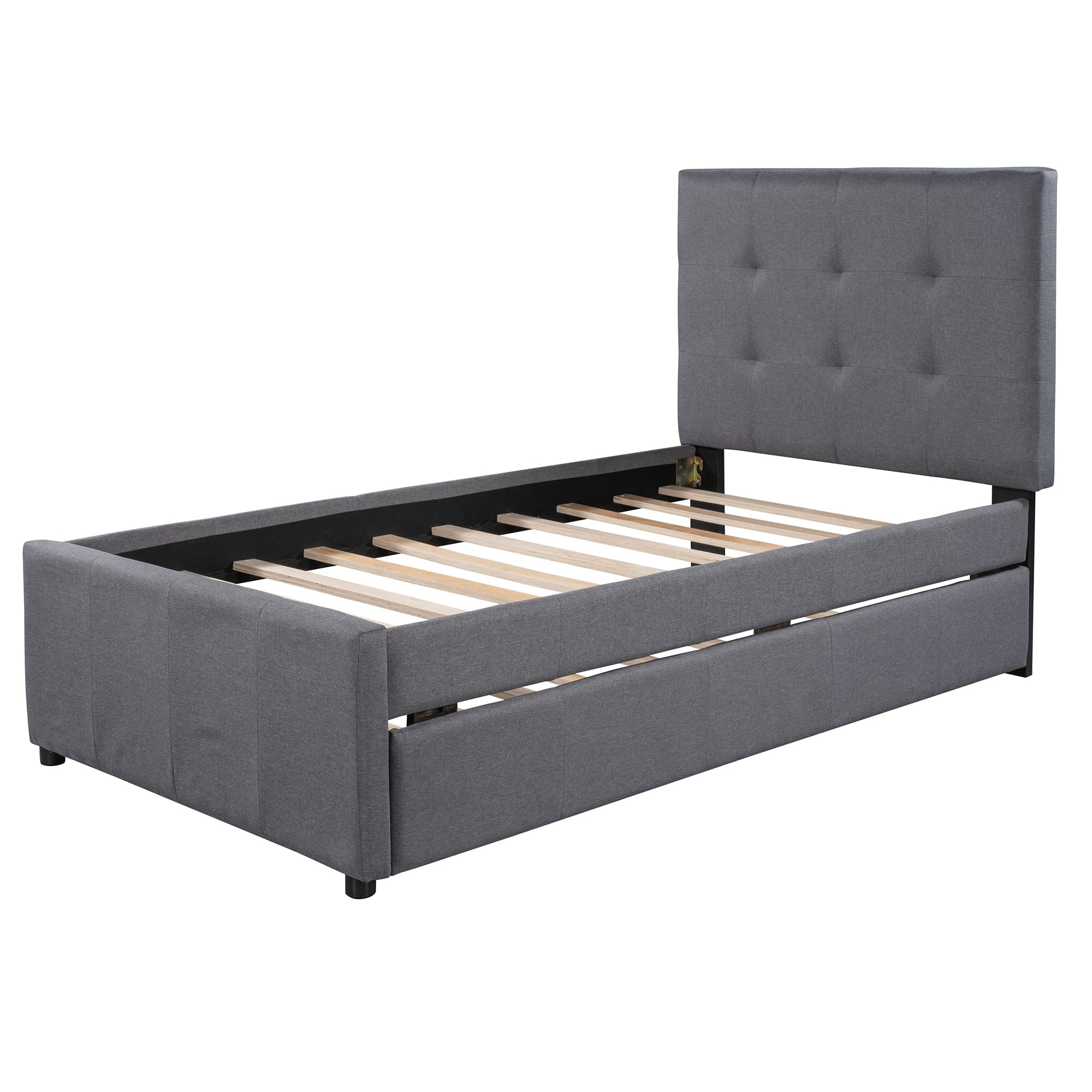 Euroco Twin Size Upholstered Platform Bed with Trundle for Kids, Gray