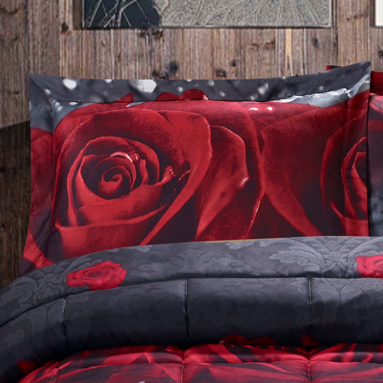 BednLinens 3 Piece 3D Rose Love Romantic Moment Print Comforter Set Queen Size (Y28)