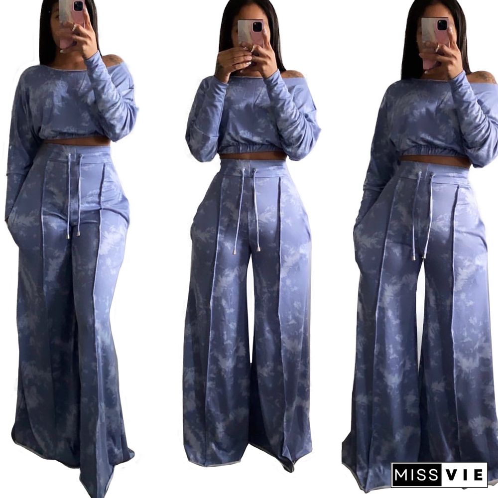 Tie Dye Long Sleeve Crop Top Wide Leg Pants Set