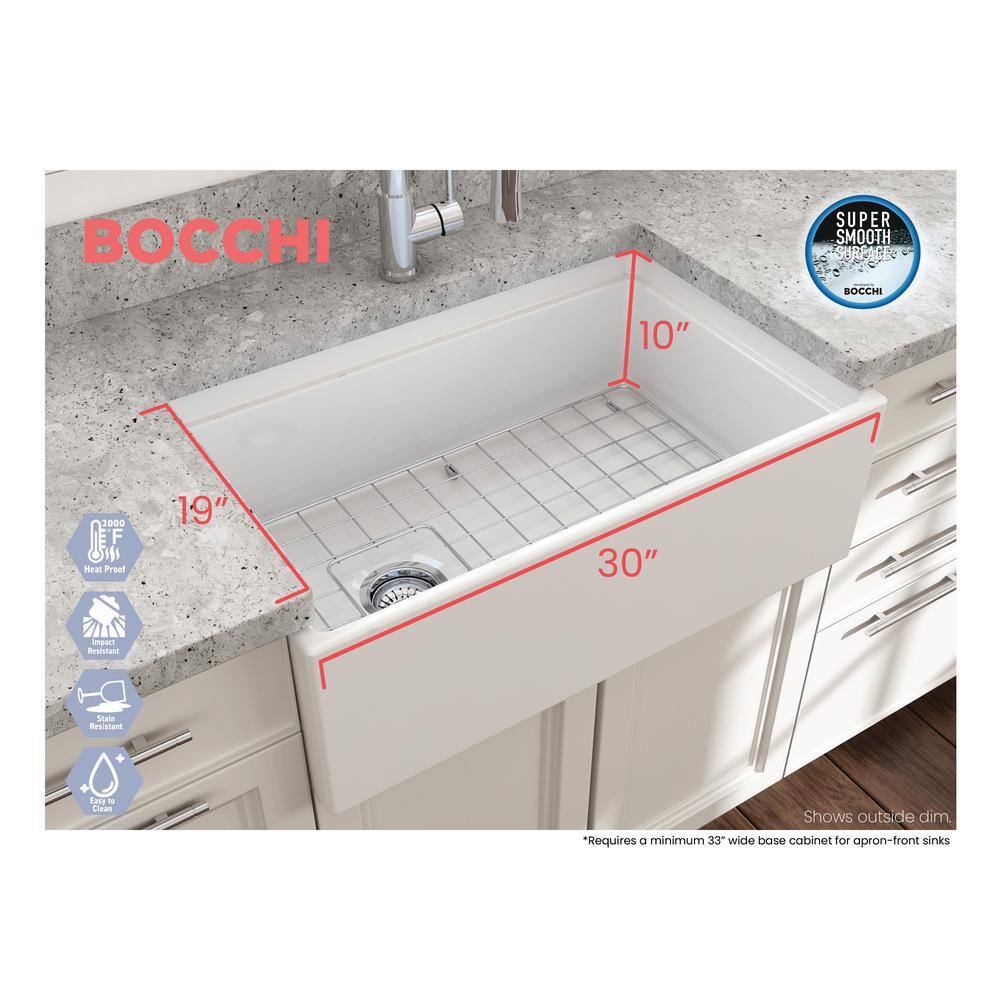 BOCCHI Step-Rim White Fireclay 30 in. Single Bowl Farmhouse Apron Front Workstation Kitchen Sink w Accessories 1344-001-0120