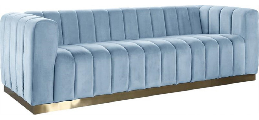 Pemberly Row Contemporary Velvet/Stainless Steel Sofa in Sky Blue/Brushed Gold   Contemporary   Sofas   by Homesquare  Houzz