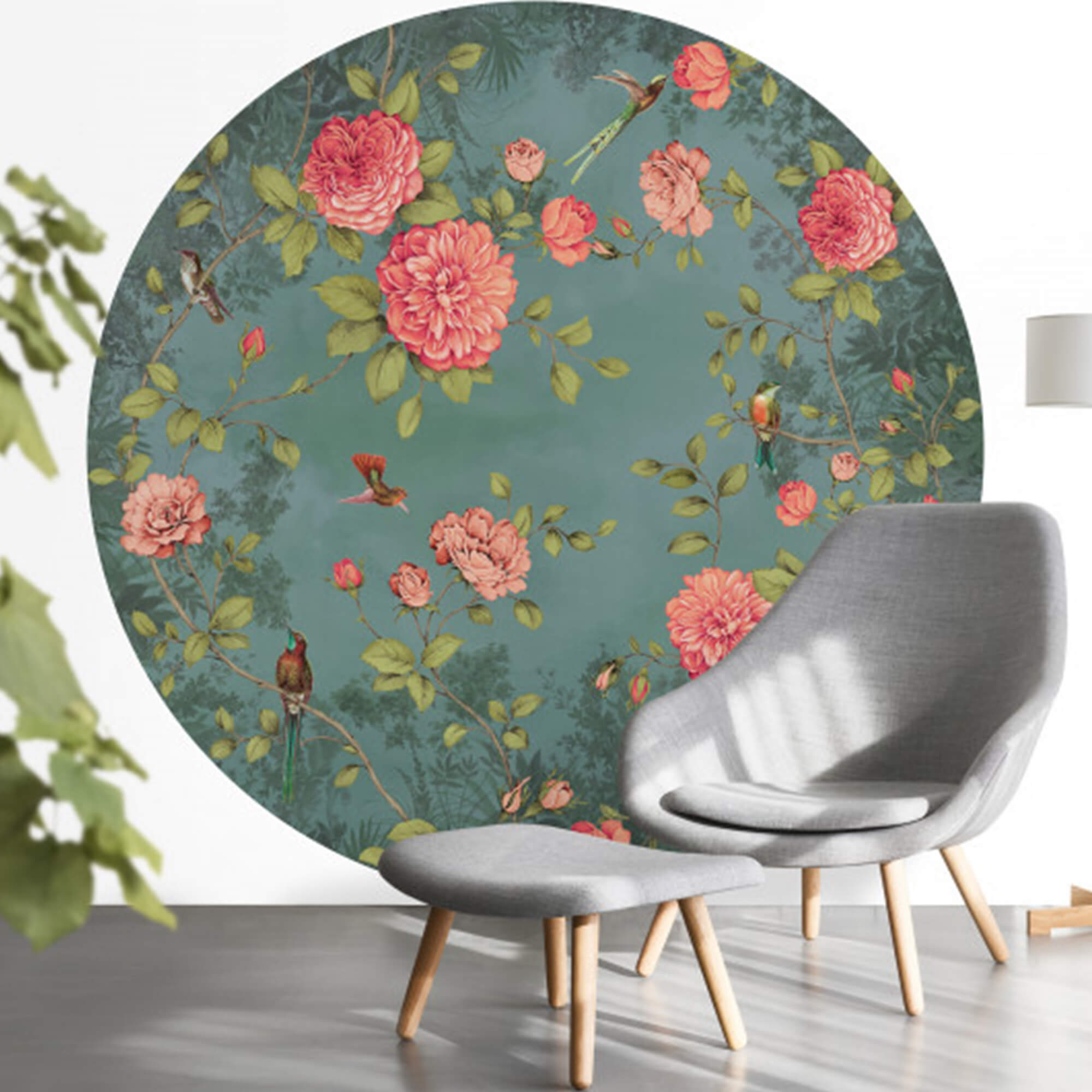 Circular Chinoiserie Wall Mural in Turquoise