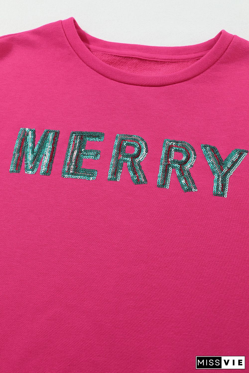 Strawberry Pink MERRY Christmas Tree Sequin Patchwork Sweatshirt