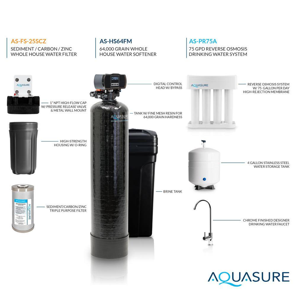 AQUASURE Whole House Filtration with 64000 Grains Fine Mesh Water Softener Reverse Osmosis System and Sediment-GAC Pre-Filter AS-WHF64FM