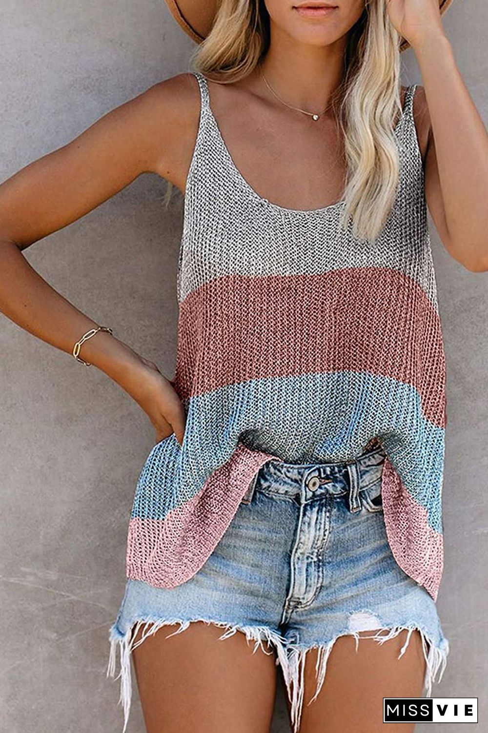 Color Block and Plain U Neck Knit Tank Top