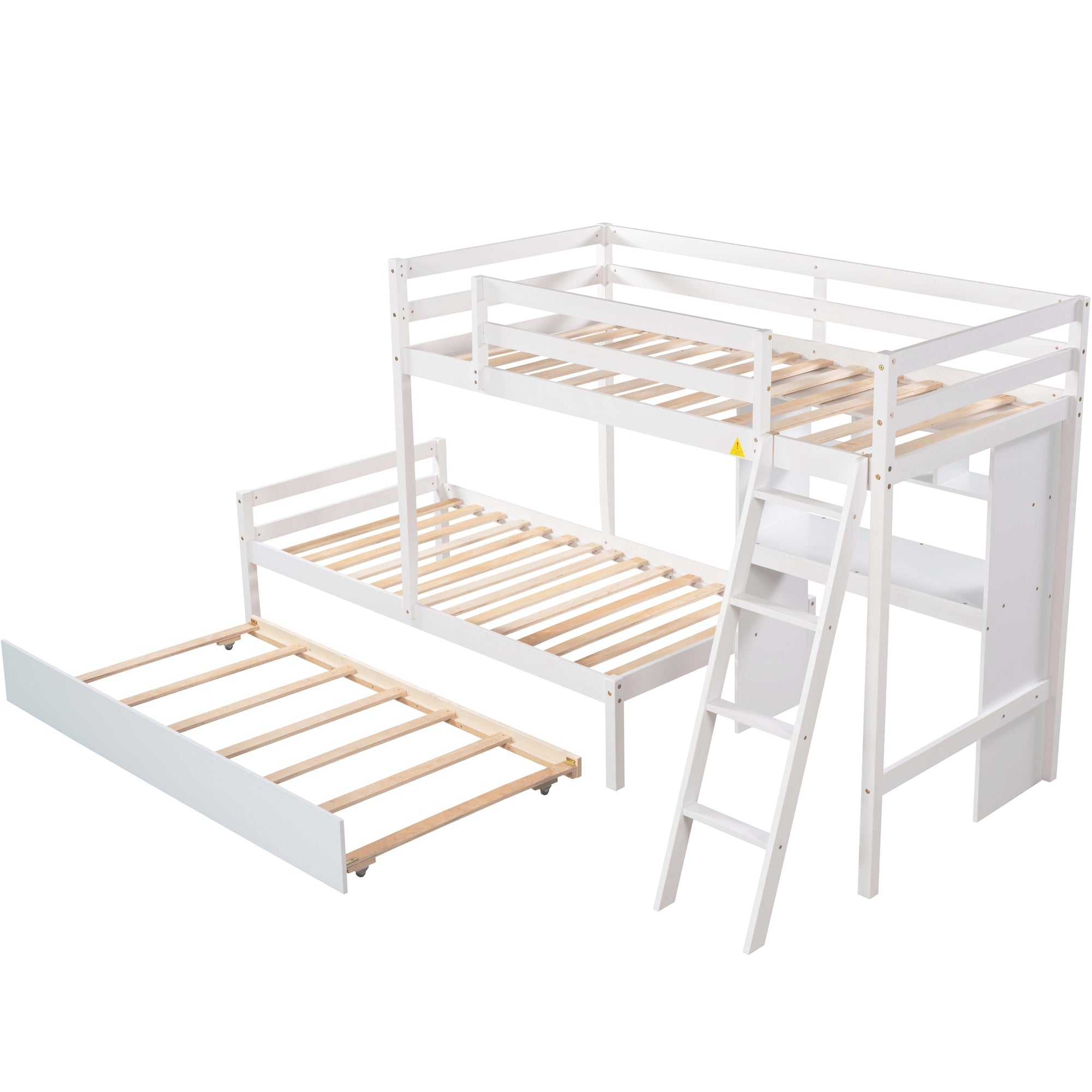 EUROCO Twin over Twin Bunk Bed with Desk and Trundle for Kids Bedroom, White