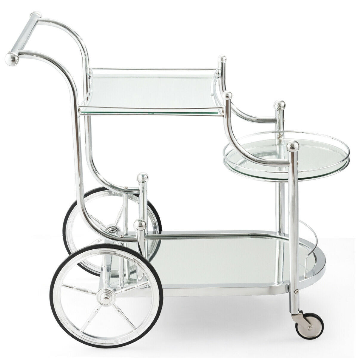 Gymax Serving Cart Kitchen Bar Wine Tea Cart Glass Shelves and Metal Frame with Wheels