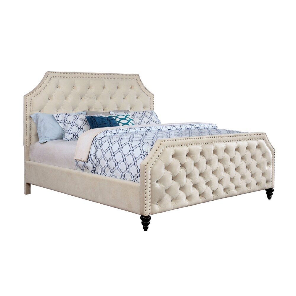 Furniture of America Pele Modern Beige Tufted Faux Leather Panel Bed