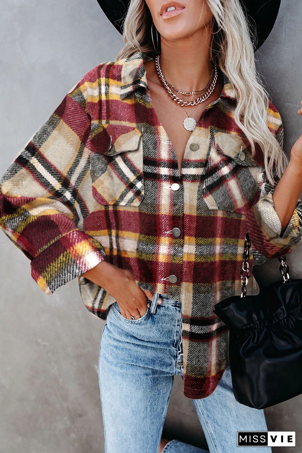 Geometric Plaid Print Pocketed Shirt