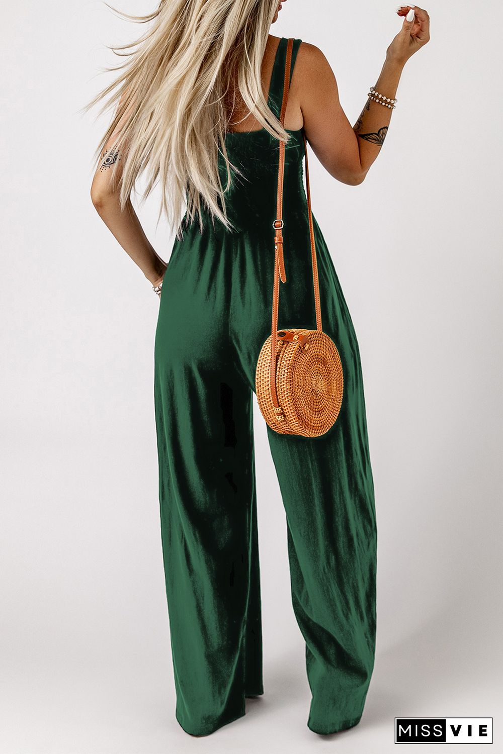 Green Smocked Sleeveless Wide Leg Jumpsuit with Pockets