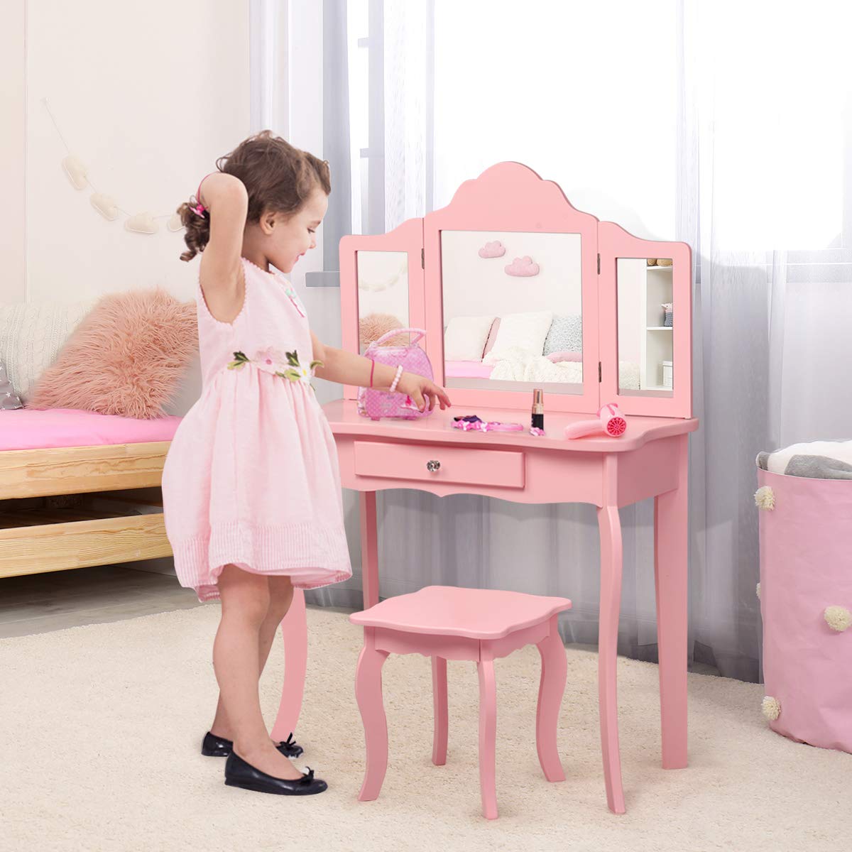 Costzon Kids Wooden Vanity Table & Stool Set, 2 in 1 Detachable Design with Dressing Table and Writing Desk (Pink)