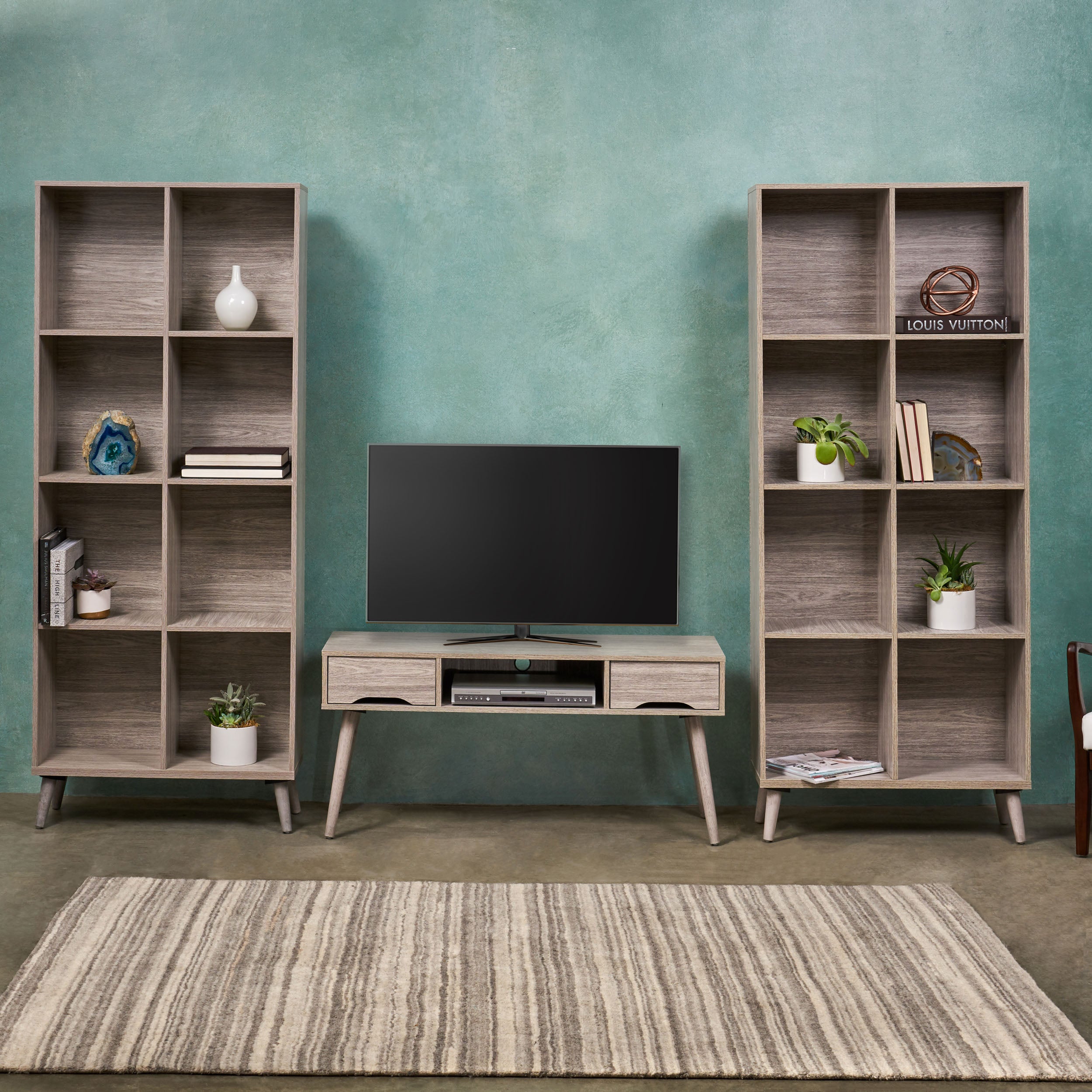 Elsie Mid Century 3 Piece TV Stand & Bookcase Set