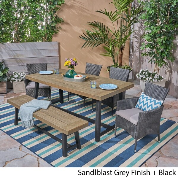 Boden Outdoor 6 Piece Wood and Wicker Dining Set with Chairs and Bench by Christopher Knight Home