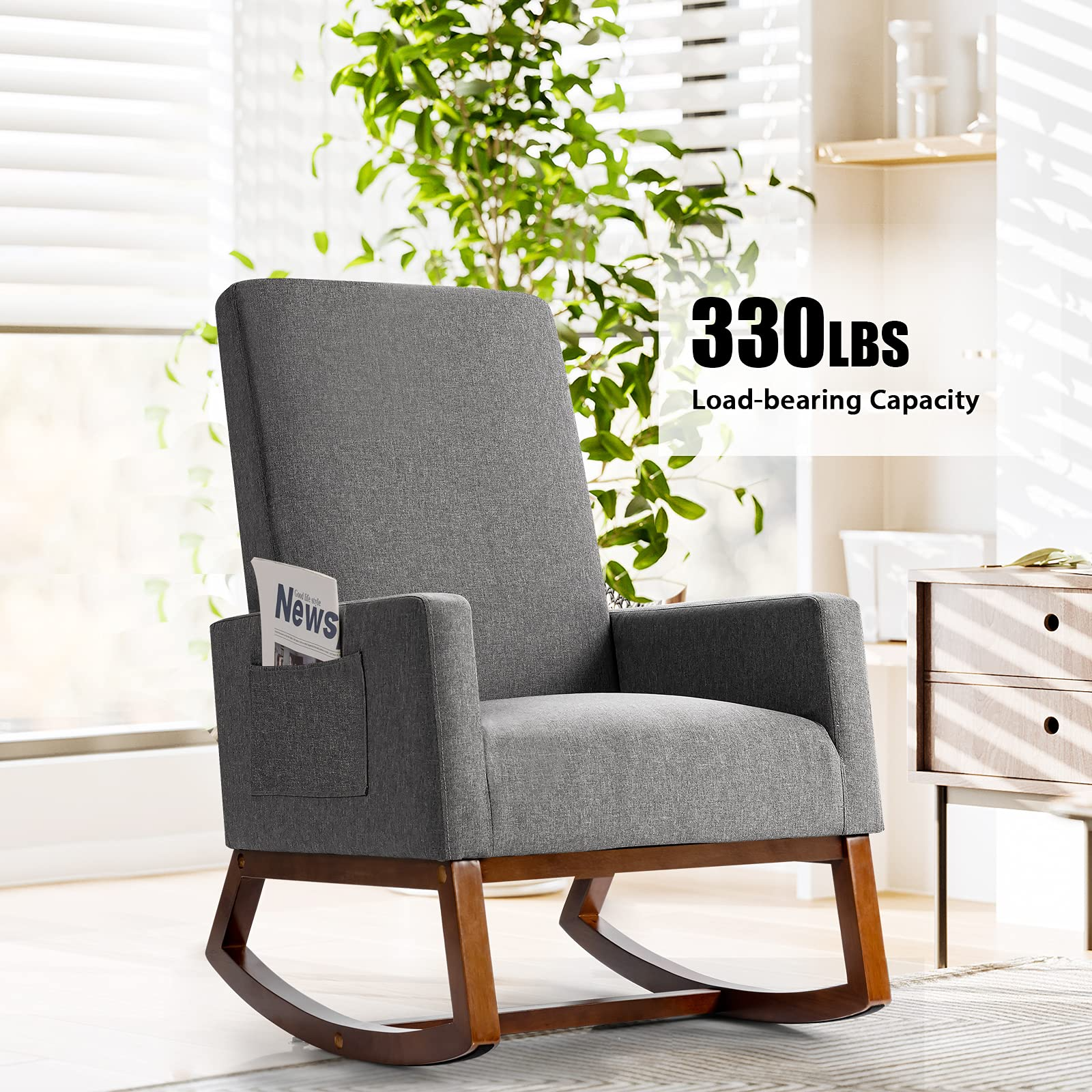 Giantex Upholstered Rocking Chair, Modern Fabric Armchair w/Wood Base