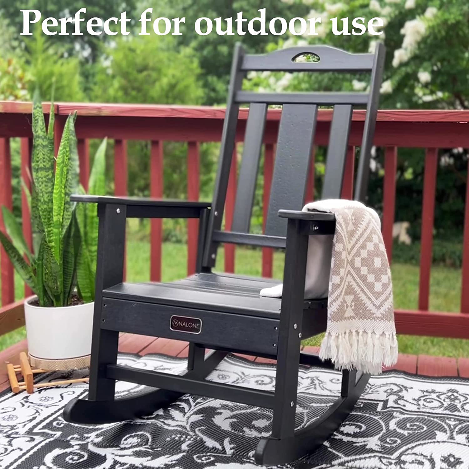 NALONE Outdoor Rocking Chair, All Weather Resistant Rocking Chair for Porch and Garden Lawn, HDPE Material Oversized Patio Rocker Chair(Black)