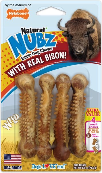 Nylabone Nubz WILD Natural Long Lasting Edible Bison Flavor Small Dog Chew Treat， 4 count