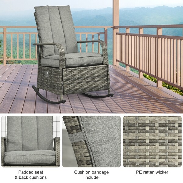 Outsunny Outdoor Wicker Rattan Recliner Rocking Cushioned Chair with Footrest and 135 Degrees of Comfort