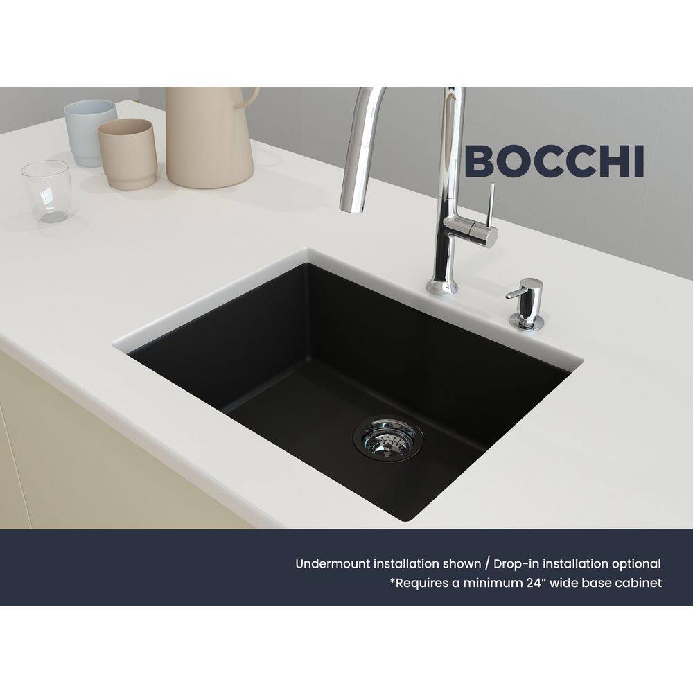 BOCCHI Campino Uno Matte Black Granite Composite 24 in. Single Bowl Drop-InUndermount Kitchen Sink with Strainer 1606-504-0126