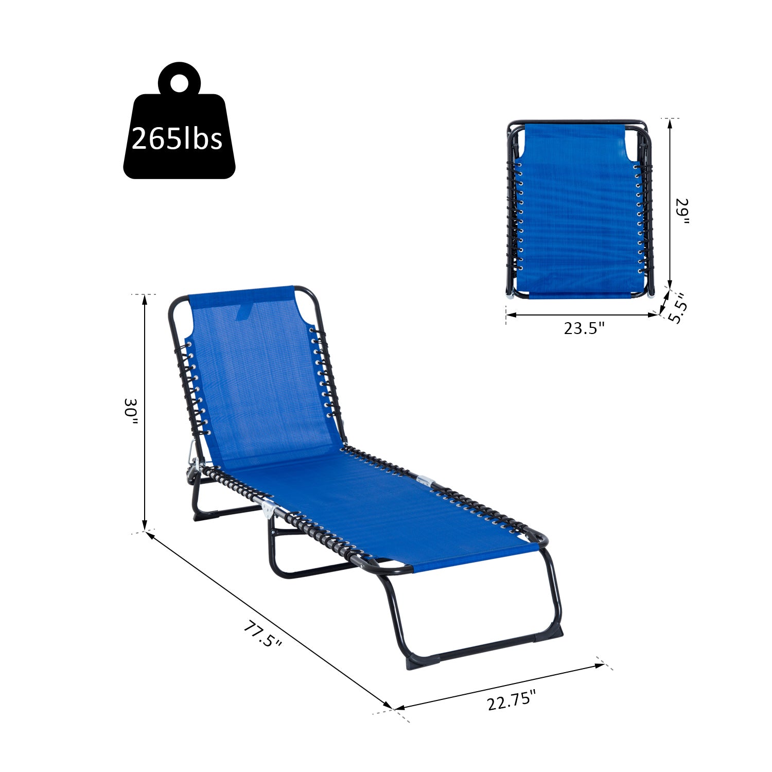 Dcenta 3-Position Reclining Beach Chair Chaise Folding Chair - Navy Blue