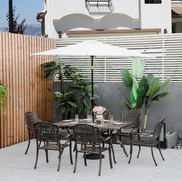 Outsunny 7Piece Patio Dining Set Cast Aluminium Outdoor Furniture Set 6 Armchairs and Table with Umbrella Hole，Bronze