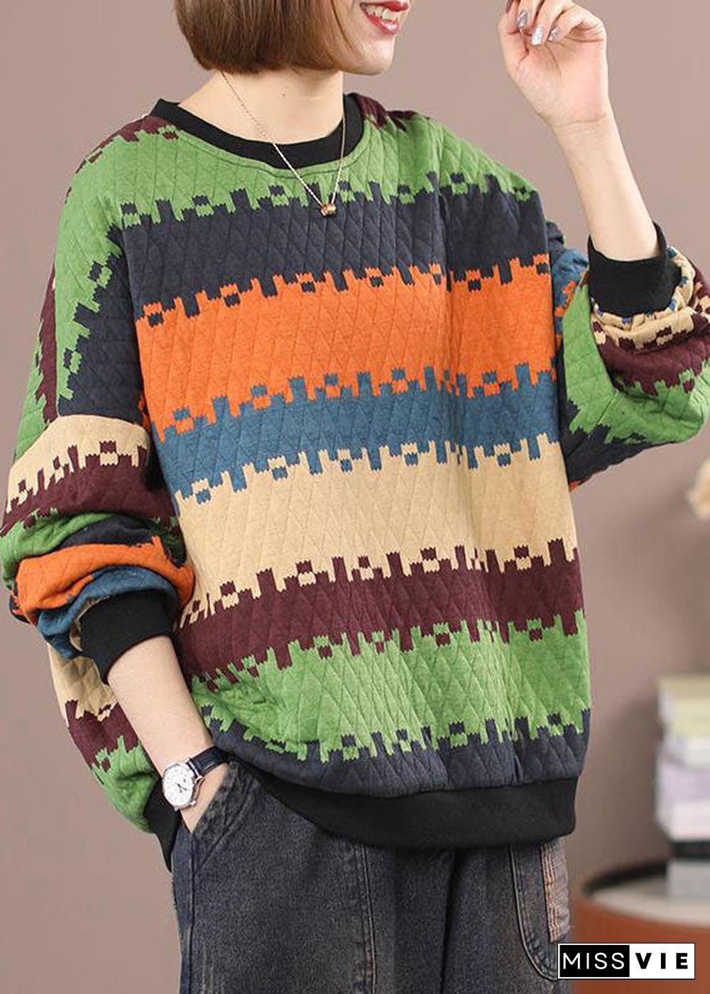 Plus Size Orange thick Striped Sweatshirt Winter