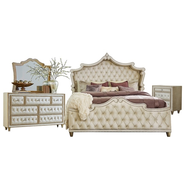 Upholstered Eastern King Bedroom Set in Ivory and Camel - - 36135747