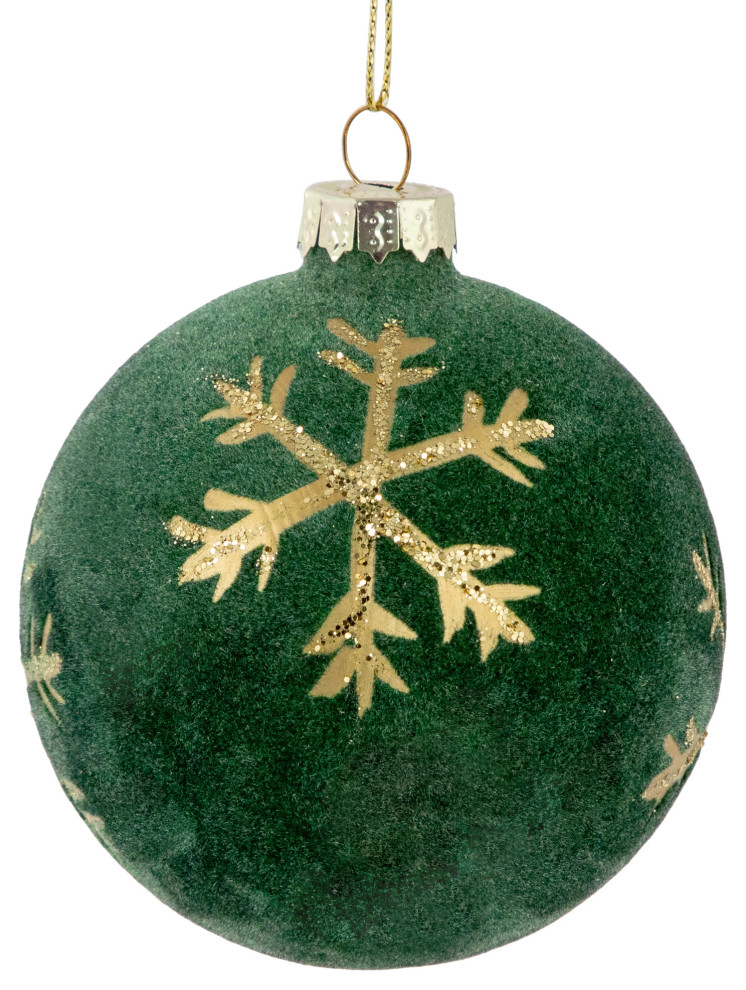 4ct Green Flocked Glass Ball Christmas Ornaments with Gold Snowflakes 3 quot  Modern   Christmas Ornaments   by Northlight Seasonal  Houzz