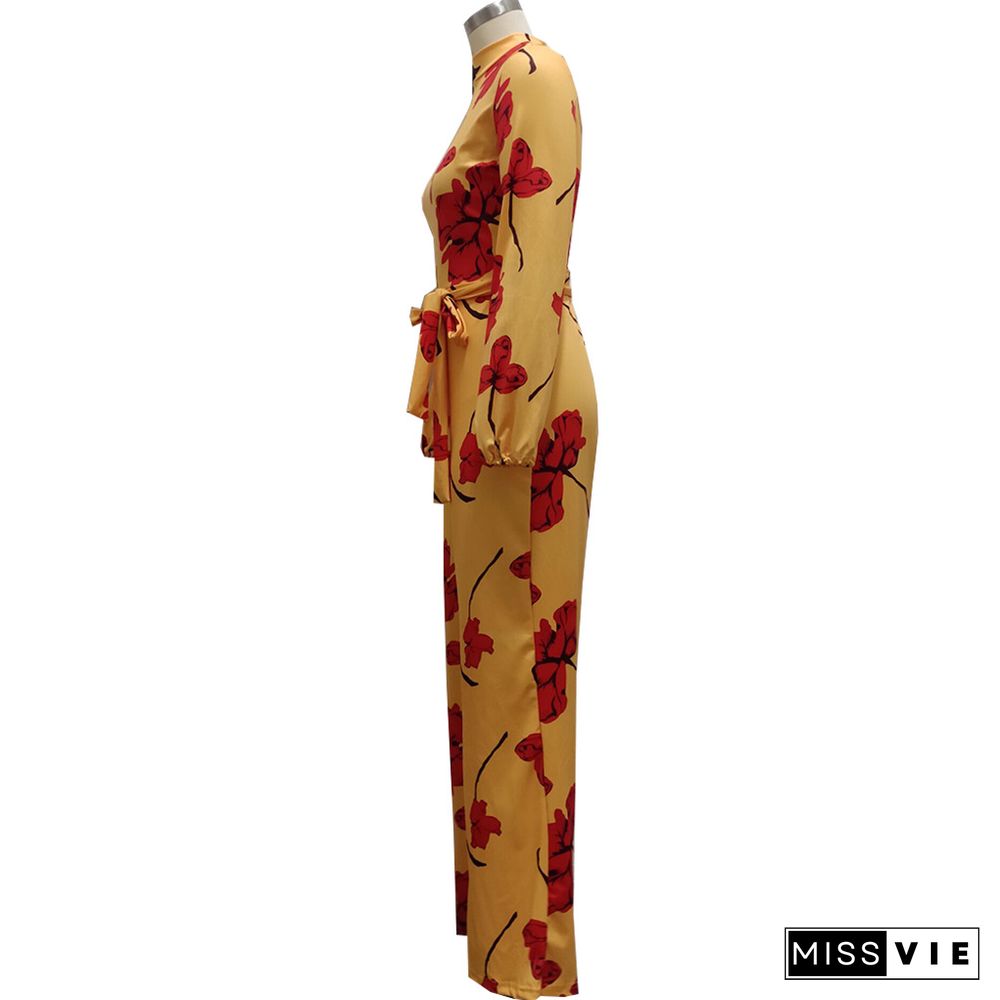 Fashion Digital Printing Spring Autumn O-Neck Long Sleeve Belted One Piece Wide Leg Jumpsuit