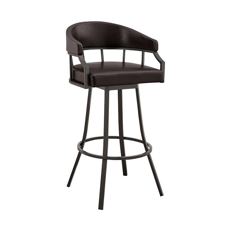 Mayla 30 Inch Swivel Bar Stool， Metal Flared Legs， Brown Faux Leather