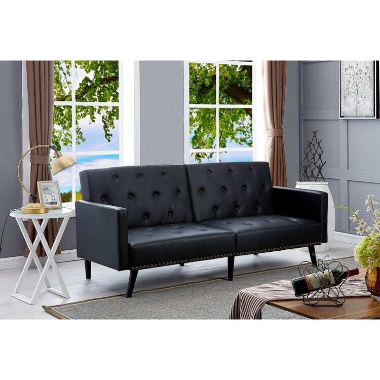 Jolene Convertible Tufted Split Back Leather Futon Sleeper Sofa Bed Coach  For Living Rooms  Lounge Sofa Bed