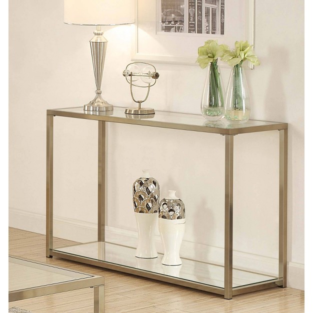 Cora Console Sofa Table With Glass Top And Mirror Shelf Brass Coaster