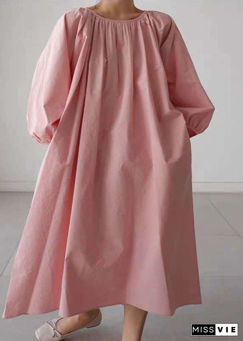 Pink Cotton O-Neck wrinkled Maxi Dress Three Quarter sleeve